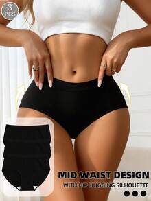 3pcs Women High Waist Panties, Comfortable Breathable Solid Color Underwear, High Elasticity Tummy Control Full Coverage Seamless Shapewear - Black - View 5