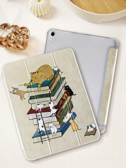 1pc Transparent Pencil Slot Tri-Fold Cartoon Cat Printed Tablet Protective Case, Compatible With IPad 10th Gen/11th Gen/10.2/10.5/Air4/Air5/10.9/Pro 11/Air 11-In.(M2)-2024/Pro 11-In.(M4)-2024/Compatible With IPad Air 11-Inch (M3) 2025/Compatible With IPad (A16) 11 Inch 11th Generation 2025 Mini6/Mini7/Mini4/Mini5/Air1/Air2/9.7 Models, Built-In Pencil Slot, Tri-Fold Stand, TPU Soft Edge Protection, Anti-Fall, Wear-Resistant, Magnetic Sleep/Wake, Simple/Cute/Personalized/Creative/Fun, Compatible With IPad Tri-Fold Tablet Case (Tablet Not Included)