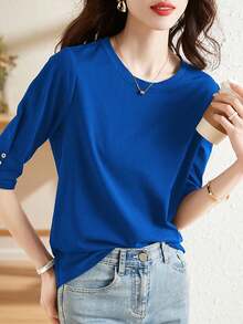 纽扣设计休闲中袖上衣，新款夏季时尚百搭圆领七分袖T恤，女士修身款 - 藍色 - 查看 5