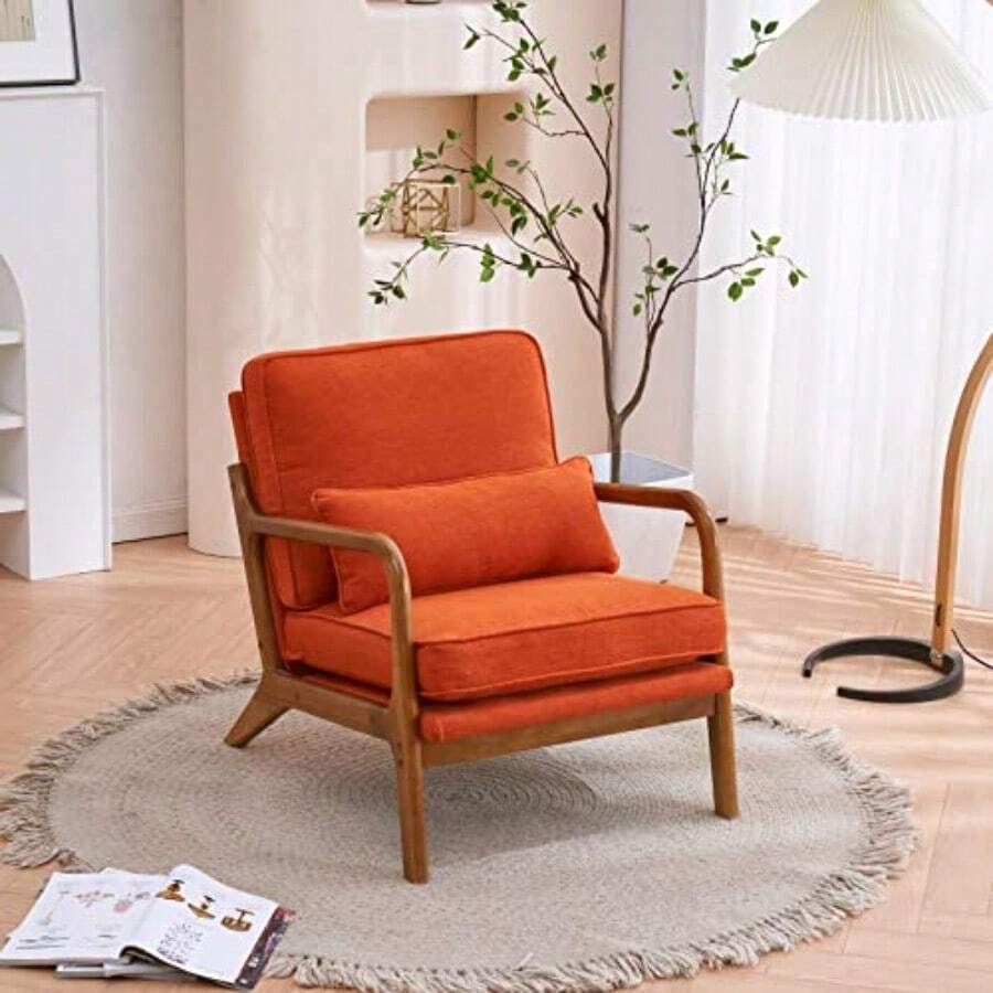 sillones para recamaraKarl home - Silla de acento estilo mediados de sio moderna con cojín tela de lino tapizada silla de salón con brazo estructura de madera maciza y cojín suave para sala de estar recámara - naranja - Ver 1
