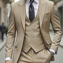Men'S Classic One-Button Suit - 3pcs Suit - Vest - Fashionable And Authentic Professional Attire - Suitable For Weddings - Interviews - Weddings - Parties And Gatherings - Màu Khaki - Xem 1