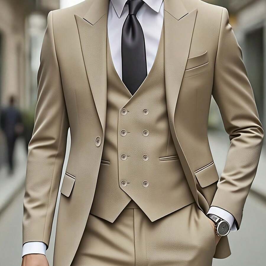 Men'S Classic One-Button Suit - 3pcs Suit - Vest - Fashionable And Authentic Professional Attire - Suitable For Weddings - Interviews - Weddings - Parties And Gatherings - Màu Khaki - Xem 1