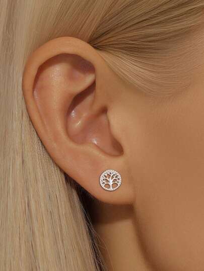 1 Pair S925 Sterling Silver Life Tree Round Stud Earrings, Fashionable & Fresh Elegant, Suitable For Daily Wear, Versatile & Exquisite Earrings Gift