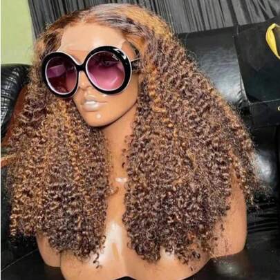 ZHUICHAO[Human Blended Hair Wigs] Elegant Women's Ombre Highlight Honey Gold Curly Wig - Afro Puff Style Short Bouncy Curls 200% Density 13x6 Lace Front High-Temperature Fiber Versatile For All Skin Tones Realistic Hairpiece|Stylish Short Wig|Textured Wig