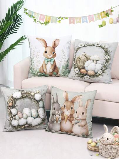 4件套复活节抱枕套，灰色水彩可爱兔子、彩蛋和磨损印花图案，简约农舍风格蜜桃绒单面印花抱枕套，拉链封口，不含枕芯，复活节快乐装饰，复活节派对用品，适用于沙发、床、椅子、卧室、客厅、露台的抱枕套，春季装饰，派对礼物，派对小礼品