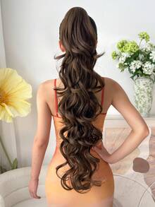 30-32 Inch Long Wavy Synthetic Hair Ponytail Extensions, Claw Clip On, Light Brown Color, Heat Resistant Fiber, Suitable For Daily Wear - Black Brown - View 7