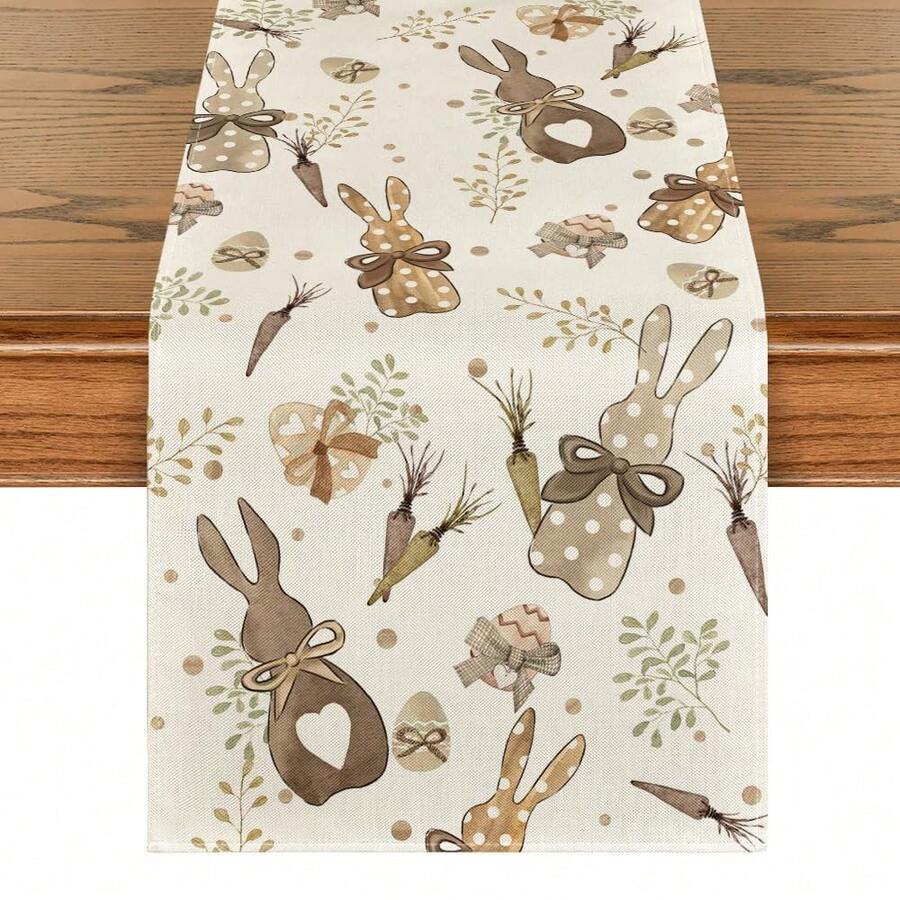1 pieza Camino de mesa de Pascua, diseño de conejo, eucalipto, zanahoria y huevo, de textura de lino, decoración de primavera para la cocina, decoración para fiesta al aire libre, adecuado para decoración del hogar, mesa familiar - Marrón - Ver 1