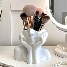 1pc Cute Face Shaped Makeup Brush Holder, Multifunctional Desktop Pen Cup, Minimalist White Resting Face Replica, Artistic Desktop Decor, Practical & Stylish, Comes With High-End Ambiance, Compact & Useful, Made Of Plastic, No Assembly Required - Multicolor - View 3