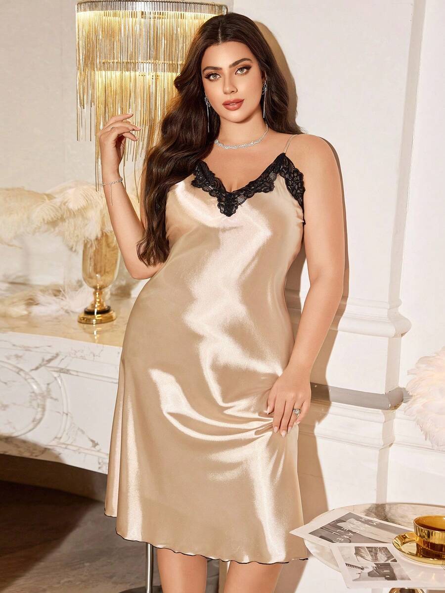 Plus Size Women's Champagne Gold Faux Silk Strapless Sleepwear, Black Lace V-Neck Loungewear - Champagne - View 1