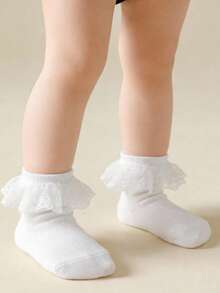 3 Pairs Girls' Soft & Comfortable 100% Cotton Breathable Lace Princess Style Socks - White - View 4