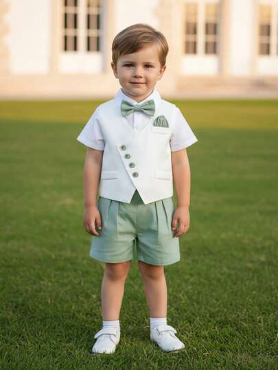BOARNSEORL 两件套男童绅士套装，短袖衬衫配领结和浅绿色短裤，时尚百搭，适合生日派对、活动、婚礼、正式场合。