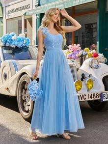 Đầm dạ hội voan kiểu cổ tích, đầm ren dự tiệc cưới, đầm phù dâu đính sequin, chân váy viền hoa hồng, đầm dạ hội maxi không tay xẻ tà màu trơn, thích hợp cho tiệc cưới ngoài trời, tiệc cocktail, sinh nhật, mùa xuân. - Màu xanh nhạt - Xem 6