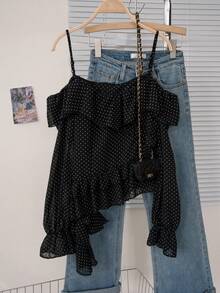 Summer Polka Dot Asymmetrical Open Shoulder Blouse For Women, French Retro Ruffle Off Shoulder Long Sleeve Shirt - Black - View 8