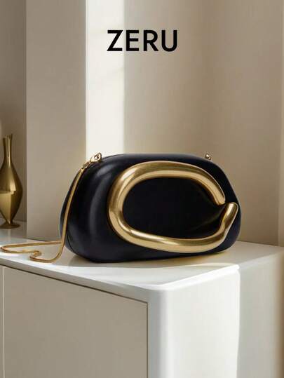 新款女士手提包，金属装饰，个性化设计，单肩/斜挎/手拿包，方形包型