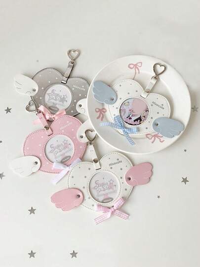 1pc Angel Wings Heart Shaped Acrylic Badge Holder Clip For Students, Cute Round Shaped Card Case Accessory