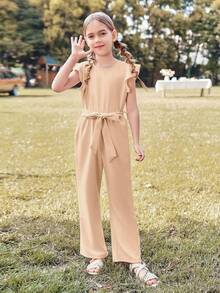 Adolescent Summer Belted Jumpsuit - Cap Sleeve Wide Leg One Piece Outfit - Khaki - View 3