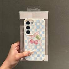1pc TPU Checkerboard Cherry Pattern Phone Case Compatible With Samsung A15/A14/A13/A12/S24/S23/S22/S21/S20/S10/A72/A73/A71/A50/A53/A52/A32/A31/A05S - White - View 2
