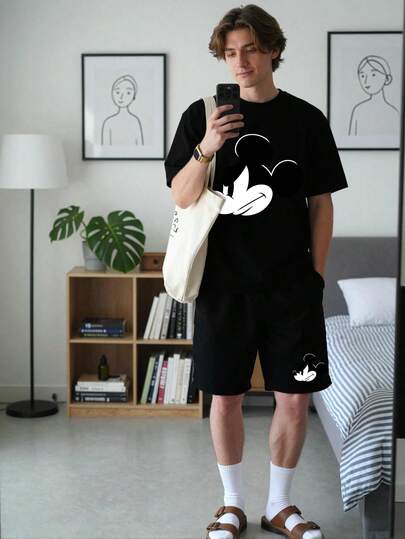 Disney 2pcs Mickey Mouse Print Men's Casual Loungewear Set, Round Neck Top And Shorts, Suitable For Spring/Summer