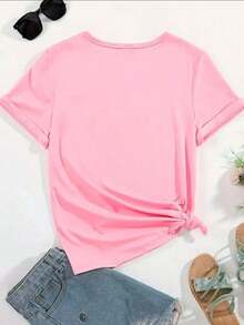 Women's T-Shirt With Heart Print, 100% Cotton, Premium Knit, Short Sleeve, Round Neck - 淺粉色 - 查看 2