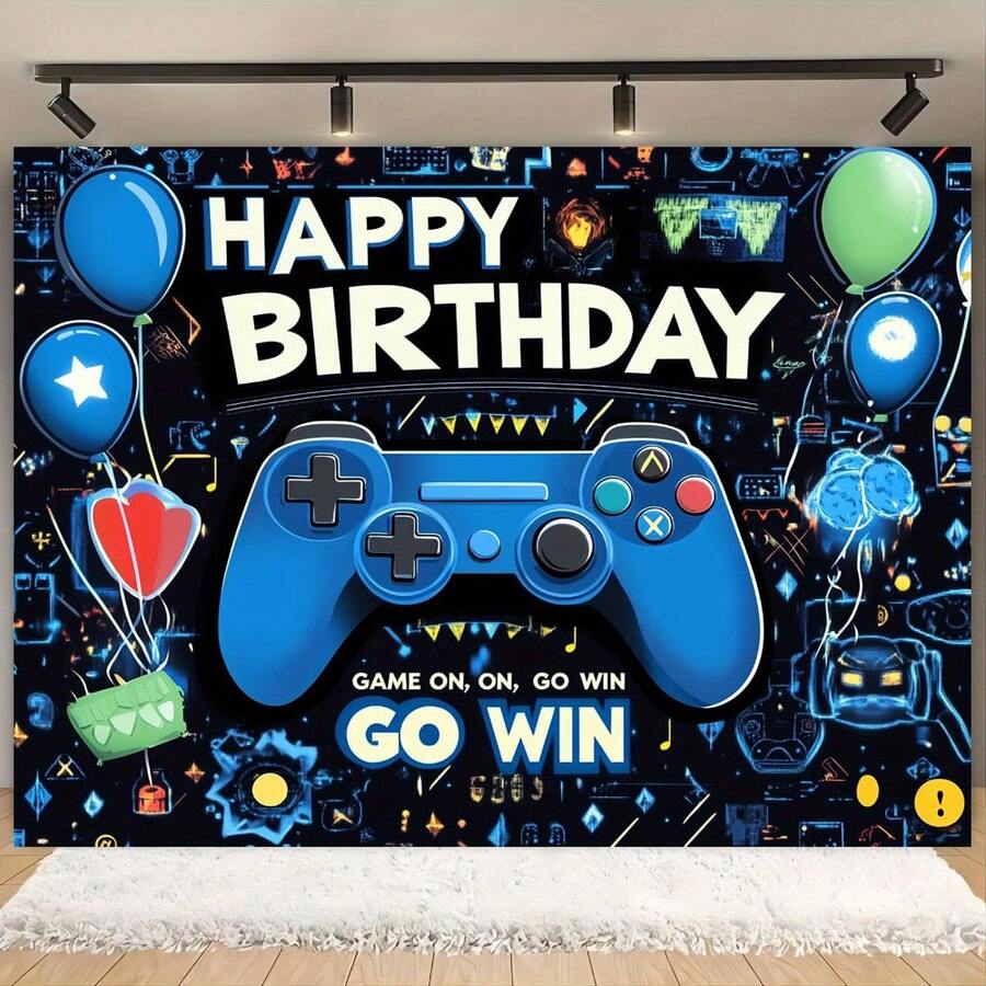 1件游戏主题生日派对背景横幅，涤纶材质，蓝色游戏手柄和气球图案 - A - 查看 1