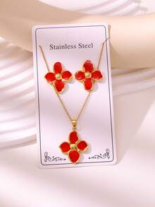 2026 New Handmade Oil Drip 3 Pieces Set, 304 Stainless Steel Gold-Plated Earrings, Necklace Jewelry Set, Fashionable INS Style, Non-Fading, Suitable For Daily Commute/Party Occasions - Flower Style - View 5