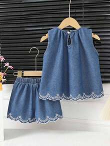 2pcs/Set Toddler Girls Denim Vest Outfit, Fashion New Style Cute Embroidered Ruffle Hem Sleeveless Top And Casual Shorts - Blue - View 7