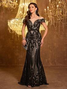 UNITHORSE [Random Cut] Deep V-Neck Mesh Patchwork Random Sequin Fishtail Hem Party Evening Dress - Black - View 1