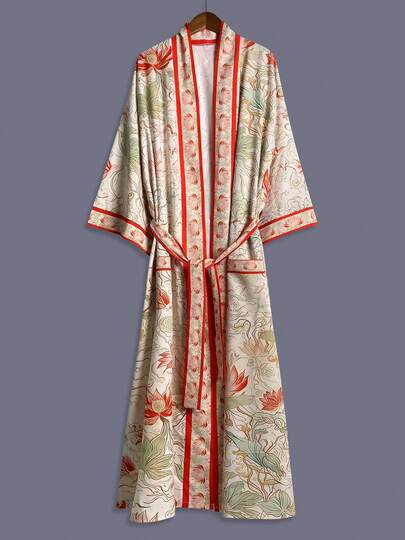 Ditsy Floral Mid-Length Long Sleeve Kimono Cover Up Thin Jacket For Women, Elegant Casual Coverup Outerwear For Beach, Travel, Resort, Lightweight Haori Robe With Sash, Slits, Pockets