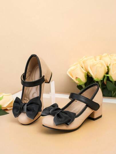 1 Pair Girl's Solid Color Fashion High Heel Pumps, Black & White Toe Cap With Bow Decor, Comfortable Cushioned Insole, Suitable For All Occasions And Parties