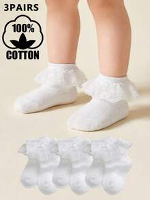 3 Pairs Girls' Soft & Comfortable 100% Cotton Breathable Lace Princess Style Socks - White - View 1