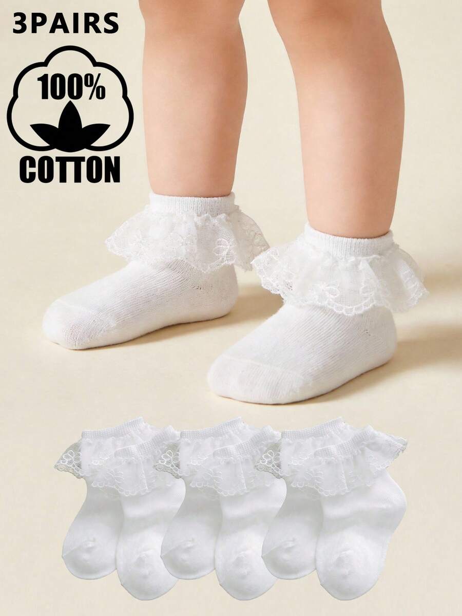 3 Pairs Girls' Soft & Comfortable 100% Cotton Breathable Lace Princess Style Socks - White - View 1