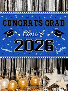1pc Graduation Banner Background, Class Of 2026 Congrats Grad Pattern Backdrop, Blue White Background Cloth, Indoor Outdoor Wall Decor, Graduation Decorations 2026 High School College Party Supplies, Room Home Decor - Blue and White - View 10