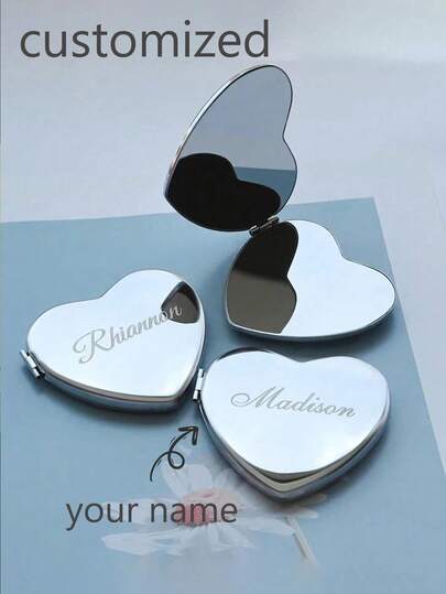 Espejo de maquillaje personalizado con forma de corazón grabado, espejo de bolsillo de plata personalizado con nombre, perfecto para damas de honor, bodas, cumpleaños, aniversarios, accesorios de belleza navideños