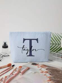 Customized Vertical Striped Makeup Bag, Can Add Personalized Text Design, Lightweight Foldable Cosmetic Storage Pouch, Can Add Name, Toiletry Bag, Multifunctional Makeup Bag Suitable For Travel And Daily Use, Ideal For Commuting, School, Party, Wedding, Great Gift Idea - Multicolor - View 4