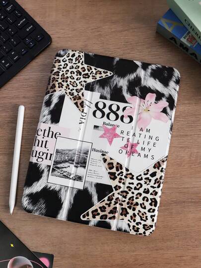 1 件装豹纹、星星、字母、花朵拼接图案彩绘平板保护套，适用于 iPad，不含触控笔，内置触控笔插槽，三折支架，TPU 软边保护，防摔耐磨，磁吸式睡眠/唤醒功能，创意/个性化/趣味 iPad 三折平板保护套，带触控笔插槽