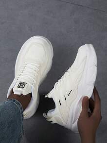 新款春夏男士圆头系带厚底运动鞋，时尚街头风休闲运动鞋 - 米色 - 查看 2