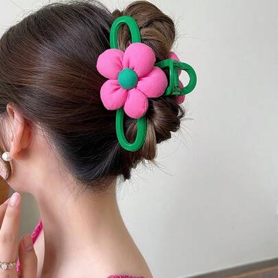 1pc Women's Large Hair Clip, Elegant 3D Fabric Floral Bohemian Contrast Color Sweet Flower Green Hair Claw Clip, Oversized Cute Hair Claw For Summer