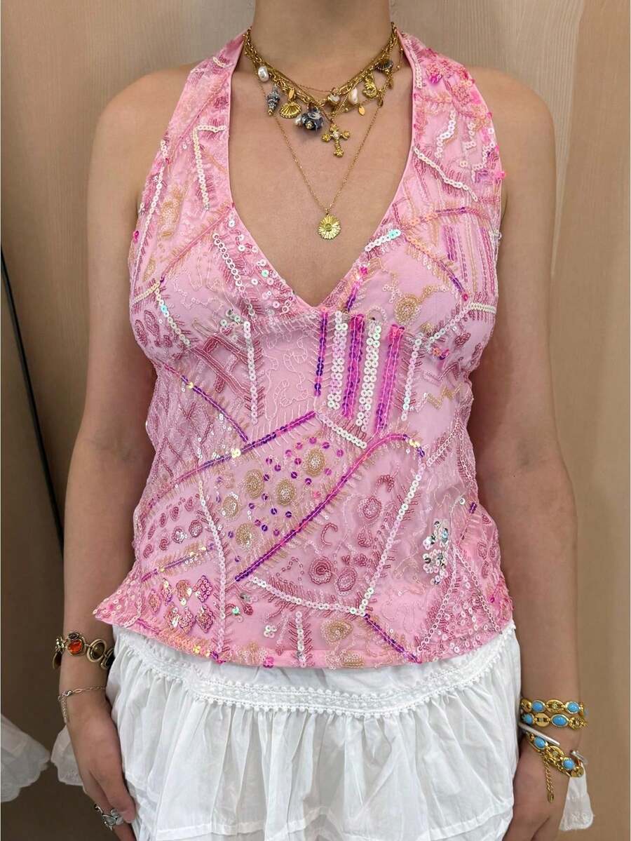 Women's Sequins Halter Tops Stylish Backless V Neck Sleeveless Slim Fit Vest for Summer - Rosa - Ver 1