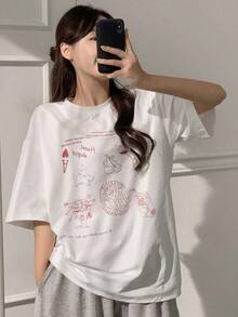 2026 Women's Round Neck Printed Casual T-Shirt, Simple Fashion, Suitable For Daily Wear, Cute Top, Oversized T-Shirt, Patterned T-Shirt, Back To School Outfit, Teacher Clothing Casual Daily Wear - 白色 - 查看 9