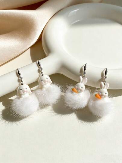2Pairs Cute Easter Bunny Plush Ball Dangle Earrings For Women, Furry Rabbit Carrot & Sleeping Bunny Drop Earrings, Handmade Kawaii Daily Party Vacation Gift