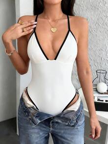 GAOVOT 女士性感V领露脐吊带连体衣，修身款，夏季 - 白色 - 查看 3