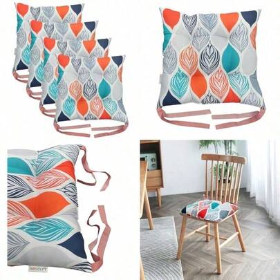 Washable Chair Cushion For Dining Chairs 36 X 36cm Soft Seat Pads With Ties Comfortable Seat Cushions For Garden Chairs Indoor Outdoor Cushions Hollow Conjugated Filling [Design 4 Set Of 4]