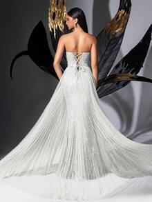 QOQ Women Pearl Rhinestone Evening Gown High Slit Sequin Mermaid Bodycon Formal Prom Dresses Elegant Wedding Guest Gala Pageant Cocktail Party Dress - White - View 3