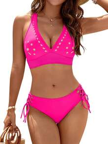 Women's Bikini Set Two Piece Swimsuit Modest Bathing Suit Petal Hollow V Neck Top String Mid Rise Bottom - 玫紅色 - 查看 6