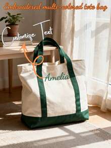 1pc Personalized Embroidered Canvas Tote Bag/Custom Initial/Bridesmaid Gift/Embroidered Name Tote Bag/Fashionable Custom Tote Bag/Unique Gift Idea, Christmas Gift, Best Friend Gift, Sorority Gift - Multicolor - View 2