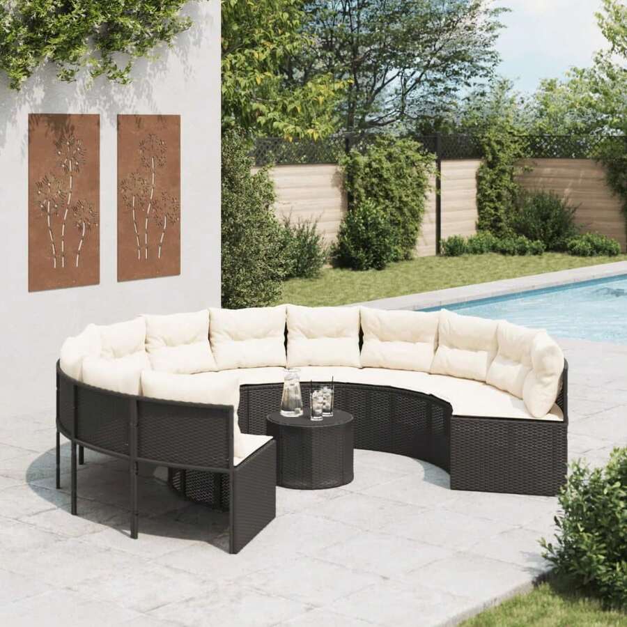 vidaXL Gartensitzgruppe Mit Tisch Und Runden Kissen, Schwarz Poly-Rattan - Black - View 1