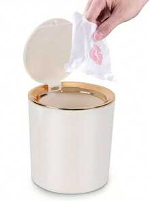 2.6L Mini Desktop Trash Can With Lid - Fashionable White & Gold Design, Quiet Closing, Suitable For Office Desk, Bathroom, Vanity, Kitchen - Multicolor - View 1