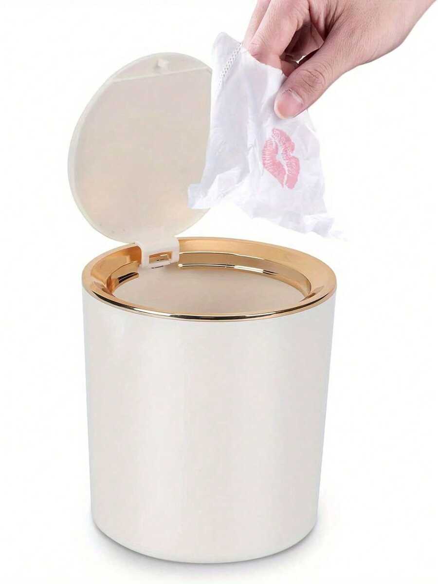 2.6L Mini Desktop Trash Can With Lid - Fashionable White & Gold Design, Quiet Closing, Suitable For Office Desk, Bathroom, Vanity, Kitchen - Multicolor - View 1