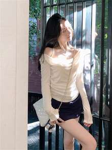 New Spring/Summer Off Shoulder Long Sleeve T-Shirt Women, White Solid Color Knit Fabric Open Shoulder Pullover Top - White - View 3
