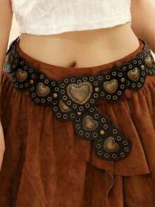 1pc Women's Western Cowgirl Style Boho Chic Country Belt, Women's Bronze Oval Turquoise Decor Buckle, Bronze Floral Accent Patchwork Belt, Suitable For Dresses, Skirts, Jeans, Work And Vacation Outfits - Coffee Brown - View 2